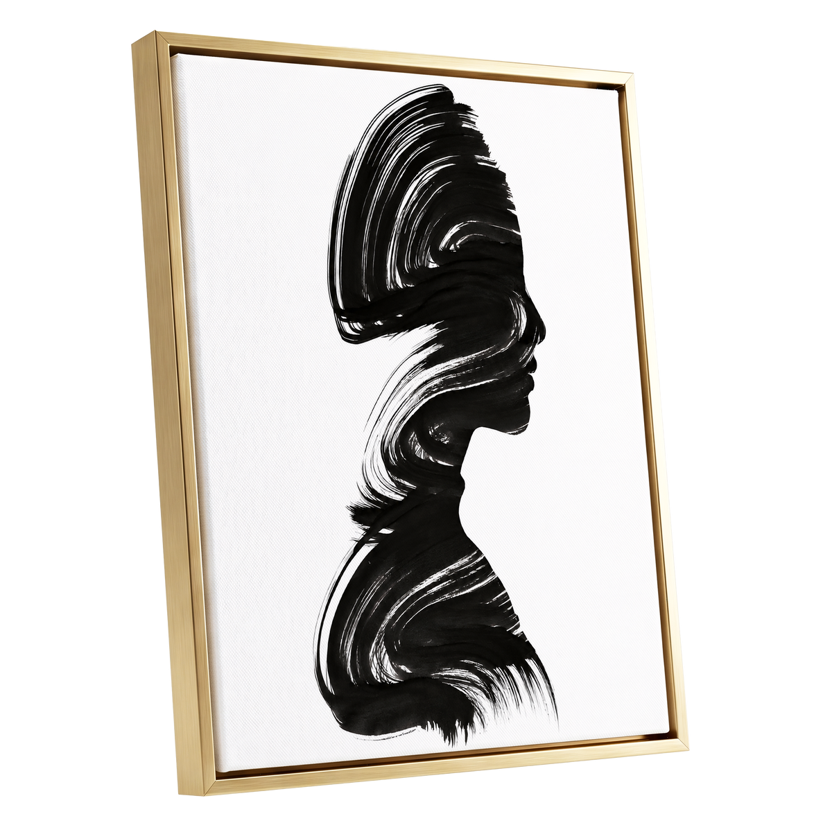 Inkbound Profile, black, white minimalist wall art shown as a gold framed canvas wall art