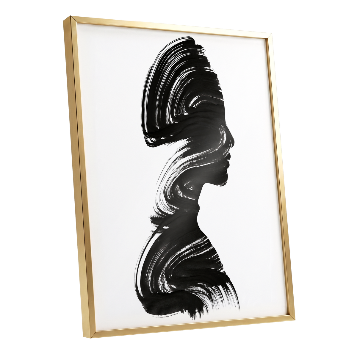 Inkbound Profile, black, white minimalist wall art shown as a gold framed poster wall art print