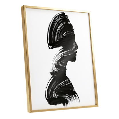 Inkbound Profile, black, white minimalist wall art shown as a gold framed poster wall art print