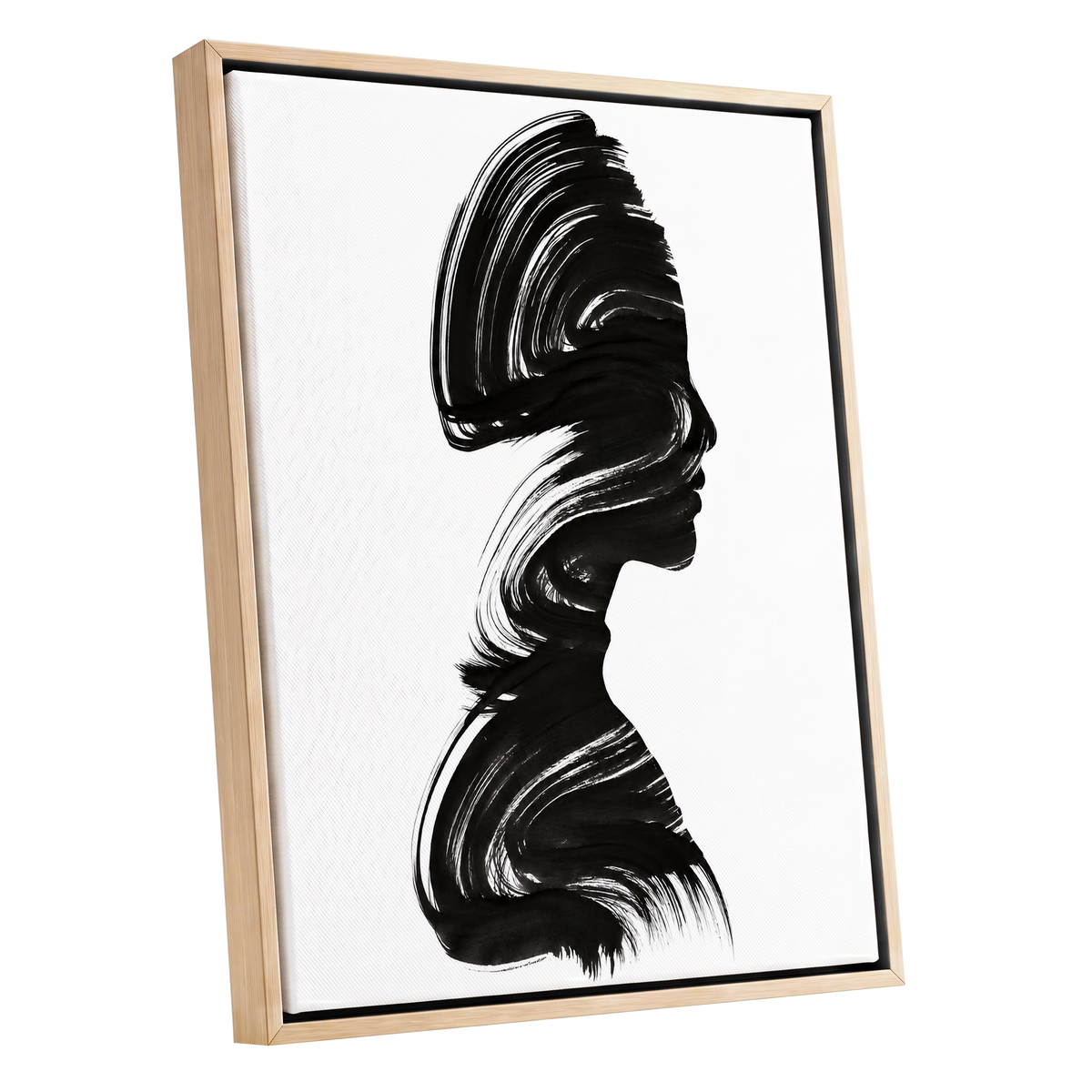 Inkbound Profile, black, white minimalist wall art shown as a oak framed canvas wall art