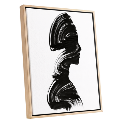 Inkbound Profile, black, white minimalist wall art shown as a oak framed canvas wall art
