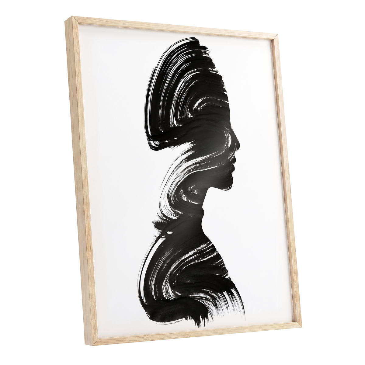 Inkbound Profile, black, white minimalist wall art shown as a oak framed poster wall art print