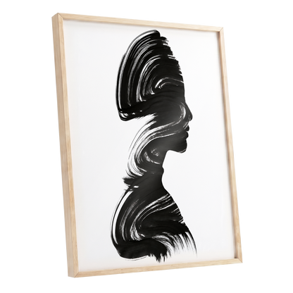 Inkbound Profile, black, white minimalist wall art shown as a oak framed poster wall art print