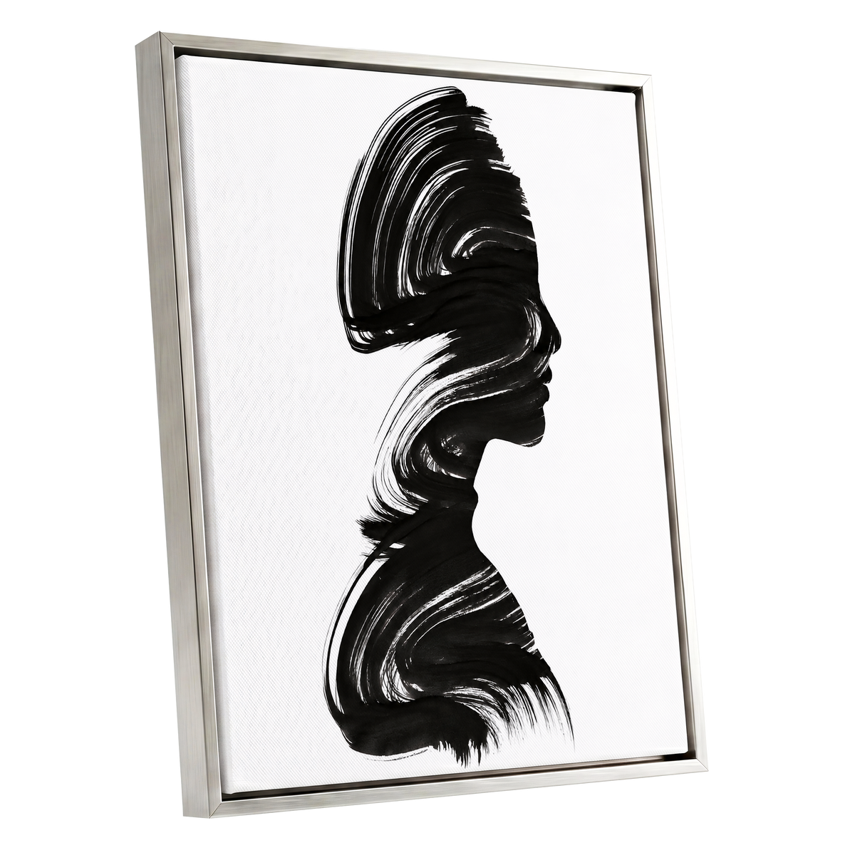 Inkbound Profile, black, white minimalist wall art shown as a silver framed canvas wall art