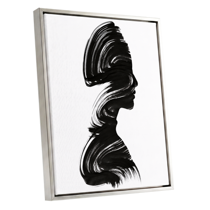 Inkbound Profile, black, white minimalist wall art shown as a silver framed canvas wall art