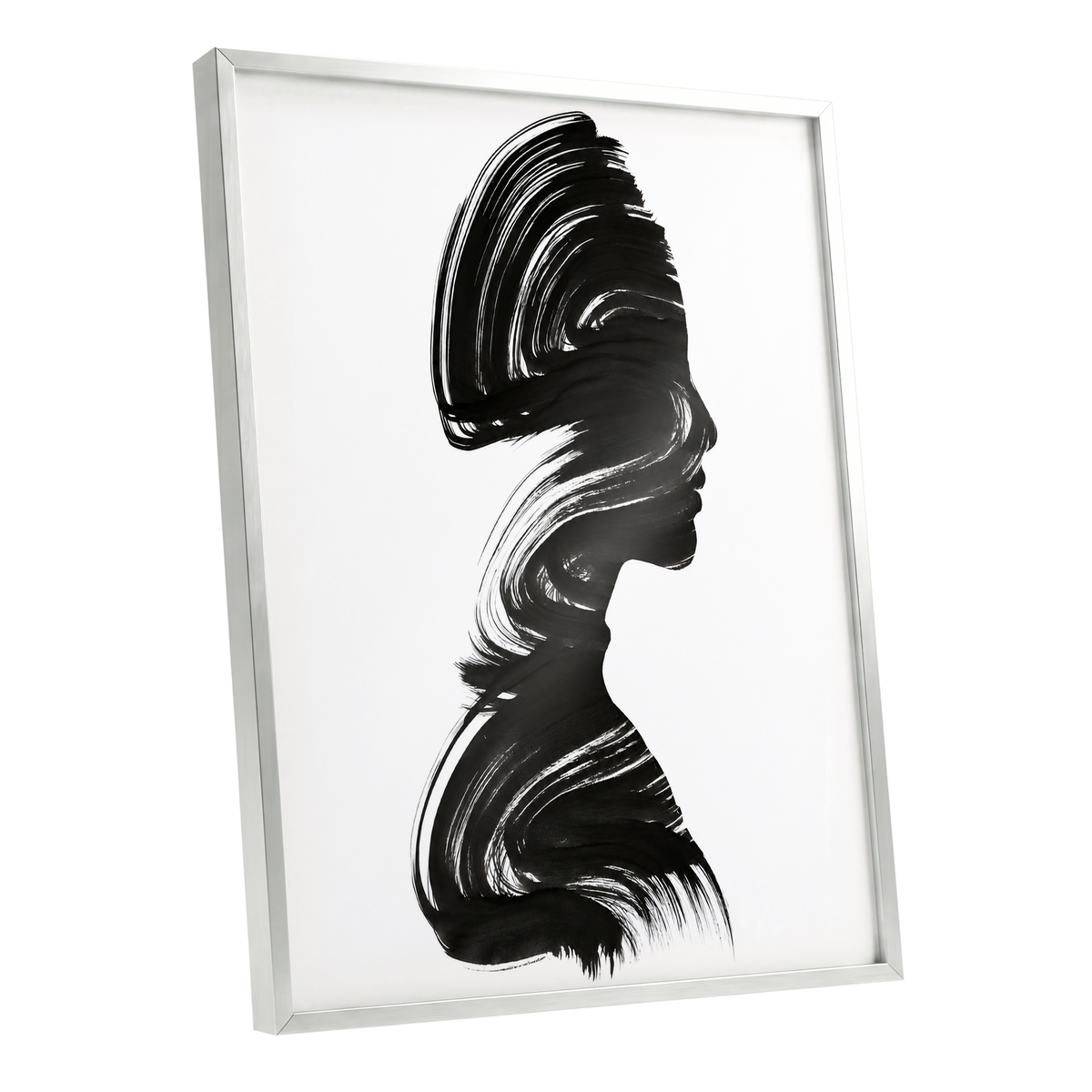 Inkbound Profile, black, white minimalist wall art shown as a silver framed poster wall art print