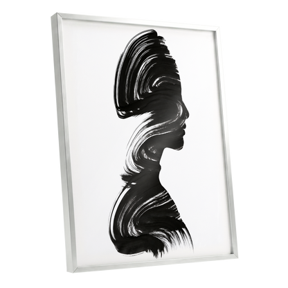 Inkbound Profile, black, white minimalist wall art shown as a silver framed poster wall art print