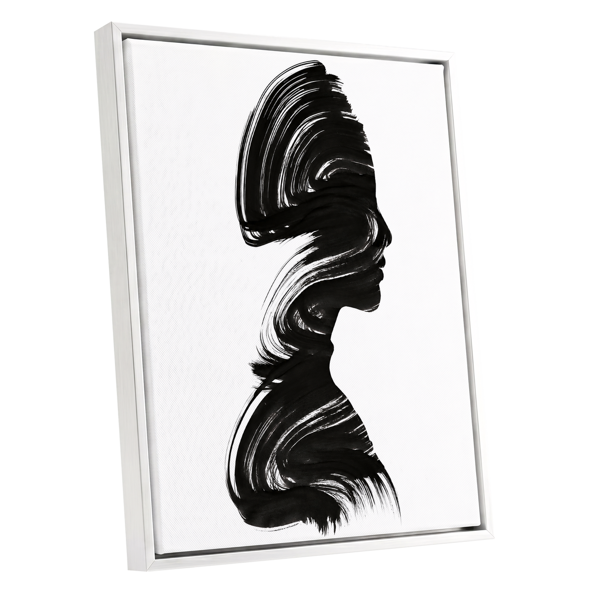 Inkbound Profile, black, white minimalist wall art shown as a white framed canvas wall art