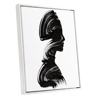 Inkbound Profile, black, white minimalist wall art shown as a white framed canvas wall art
