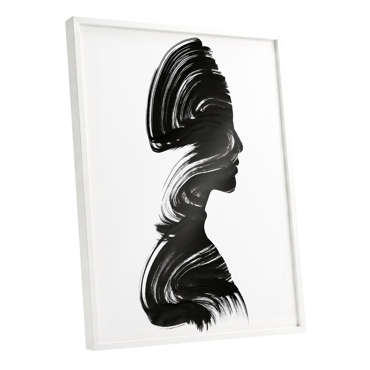 Inkbound Profile, black, white minimalist wall art shown as a white framed poster wall art print