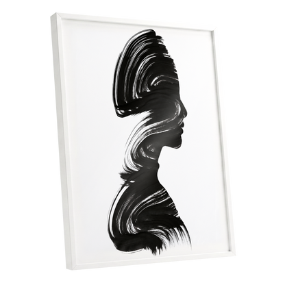 Inkbound Profile, black, white minimalist wall art shown as a white framed poster wall art print