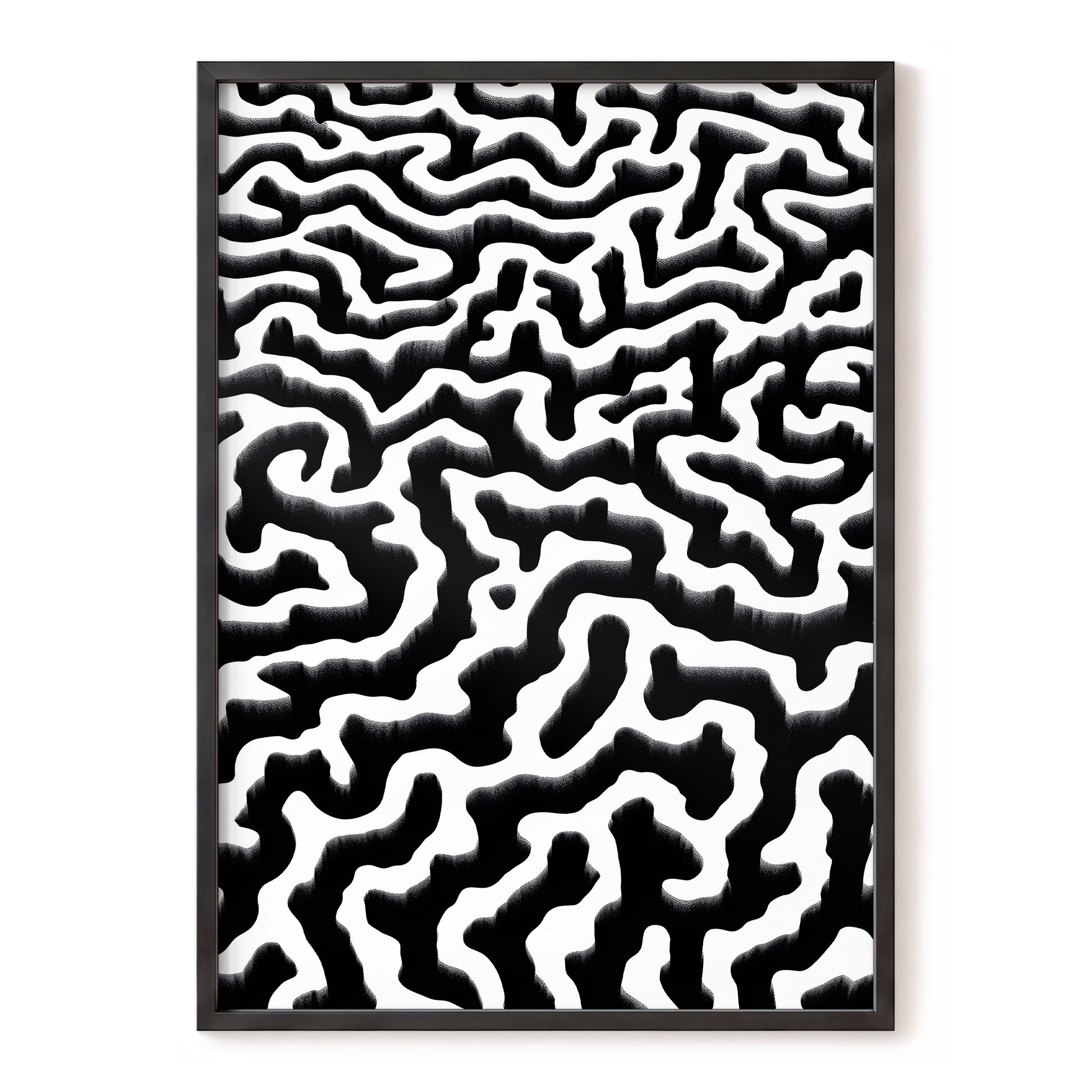 Inkflow Labyrinth, black, white abstract wall art, front artwork view