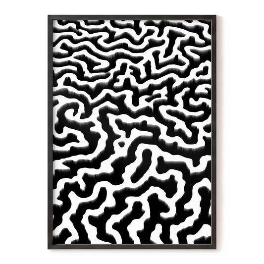 Inkflow Labyrinth, black, white abstract wall art, front artwork view