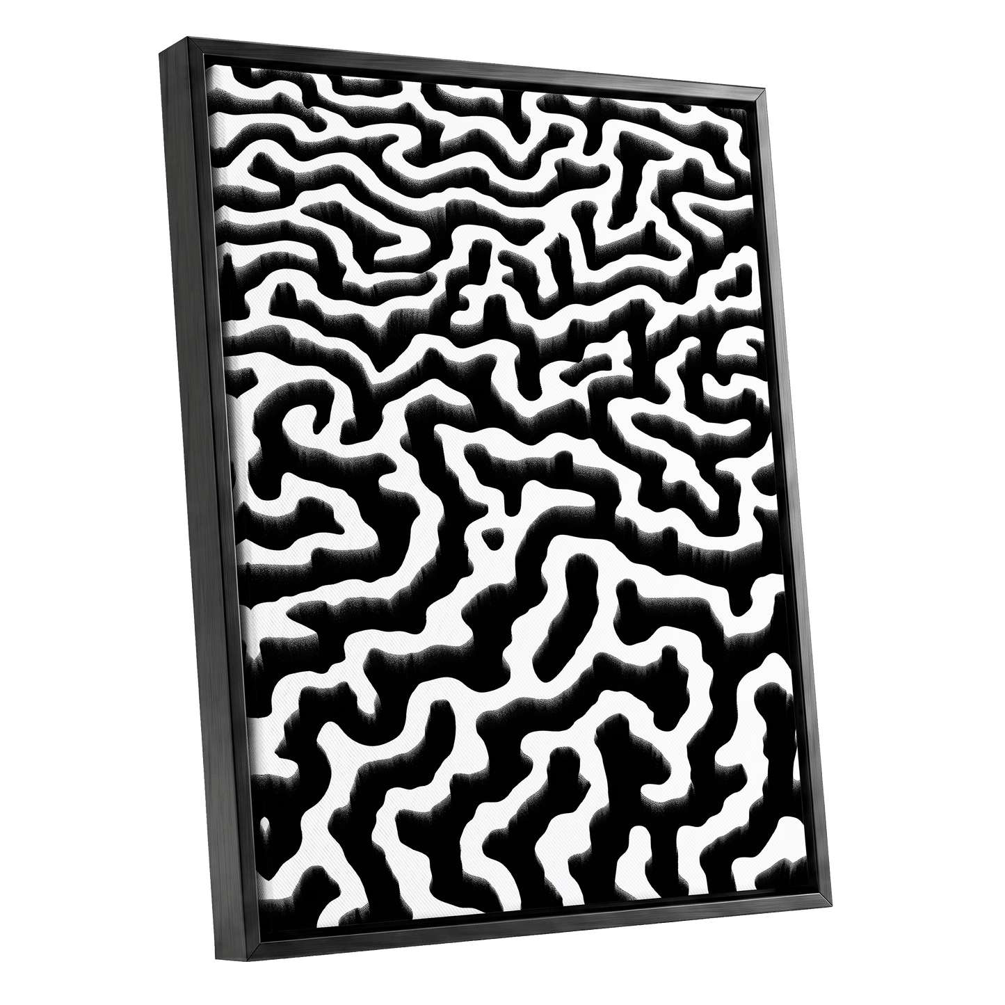 Inkflow Labyrinth, black, white abstract wall art shown as a black framed canvas wall art