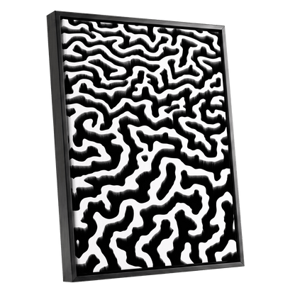Inkflow Labyrinth, black, white abstract wall art shown as a black framed canvas wall art