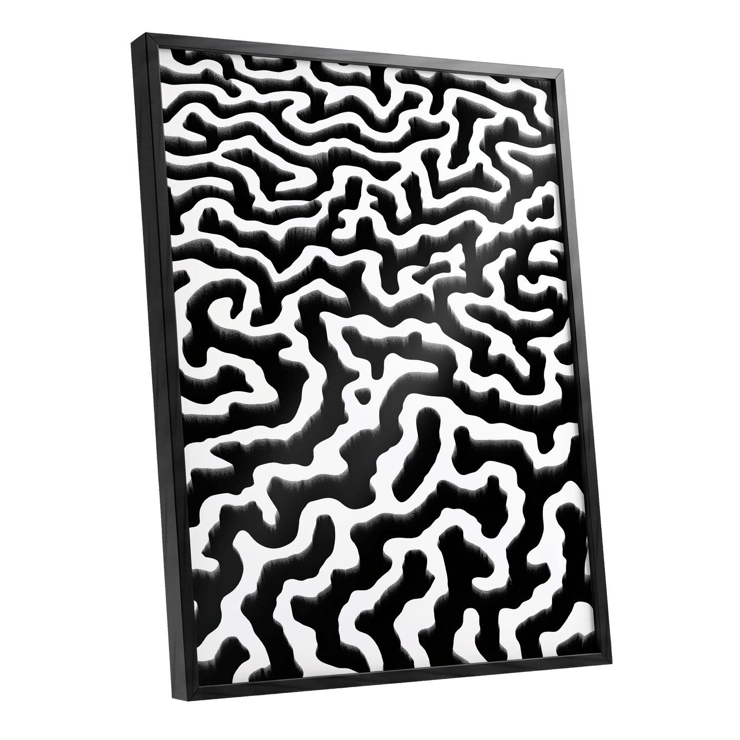 Inkflow Labyrinth, black, white abstract wall art shown as a black framed poster wall art print