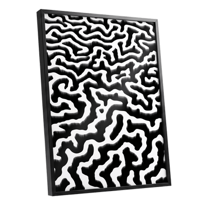 Inkflow Labyrinth, black, white abstract wall art shown as a black framed poster wall art print