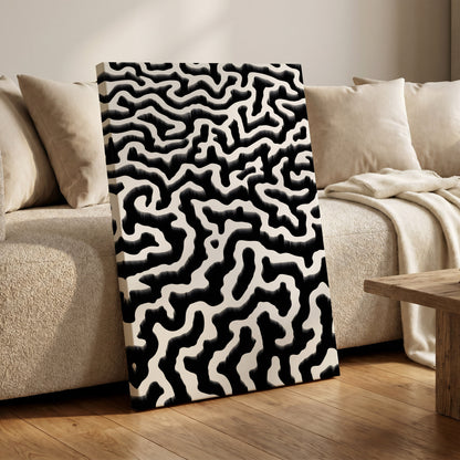 Inkflow Labyrinth, black, white abstract wall art on canvas displayed in a styled interior, gallery view 1