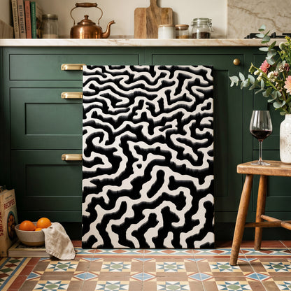 Inkflow Labyrinth, black, white abstract wall art on canvas displayed in a styled interior, gallery view 2