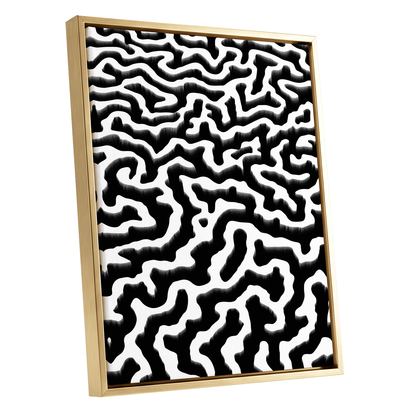 Inkflow Labyrinth, black, white abstract wall art shown as a gold framed canvas wall art