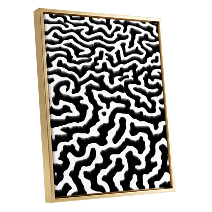 Inkflow Labyrinth, black, white abstract wall art shown as a gold framed canvas wall art