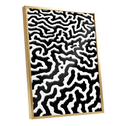 Inkflow Labyrinth, black, white abstract wall art shown as a gold framed poster wall art print