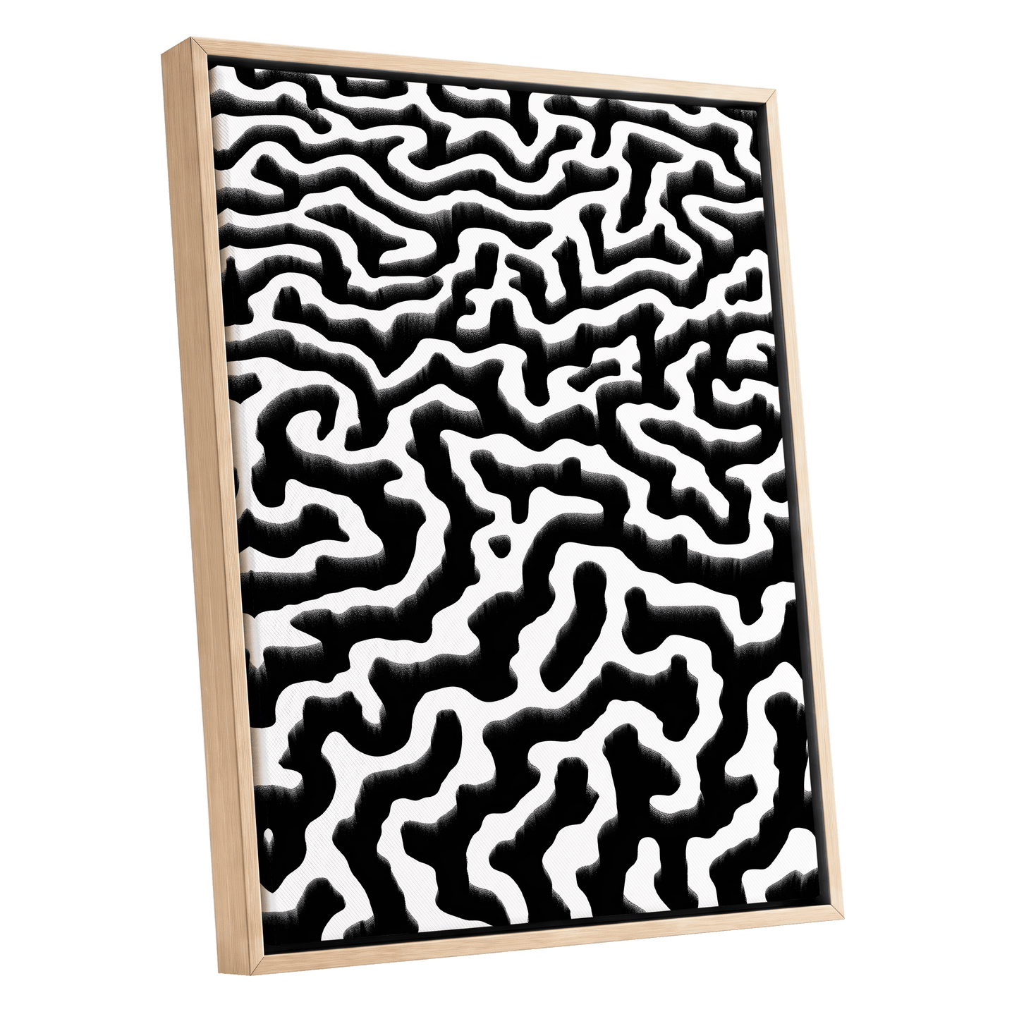 Inkflow Labyrinth, black, white abstract wall art shown as a oak framed canvas wall art