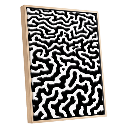 Inkflow Labyrinth, black, white abstract wall art shown as a oak framed canvas wall art