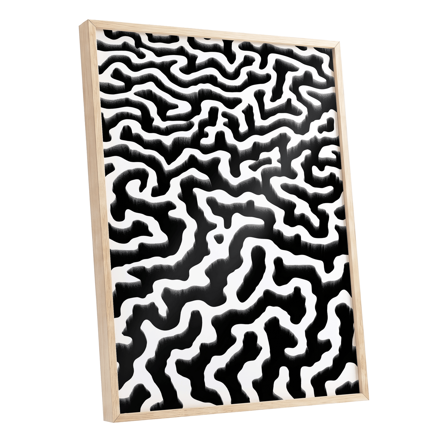 Inkflow Labyrinth, black, white abstract wall art shown as a oak framed poster wall art print