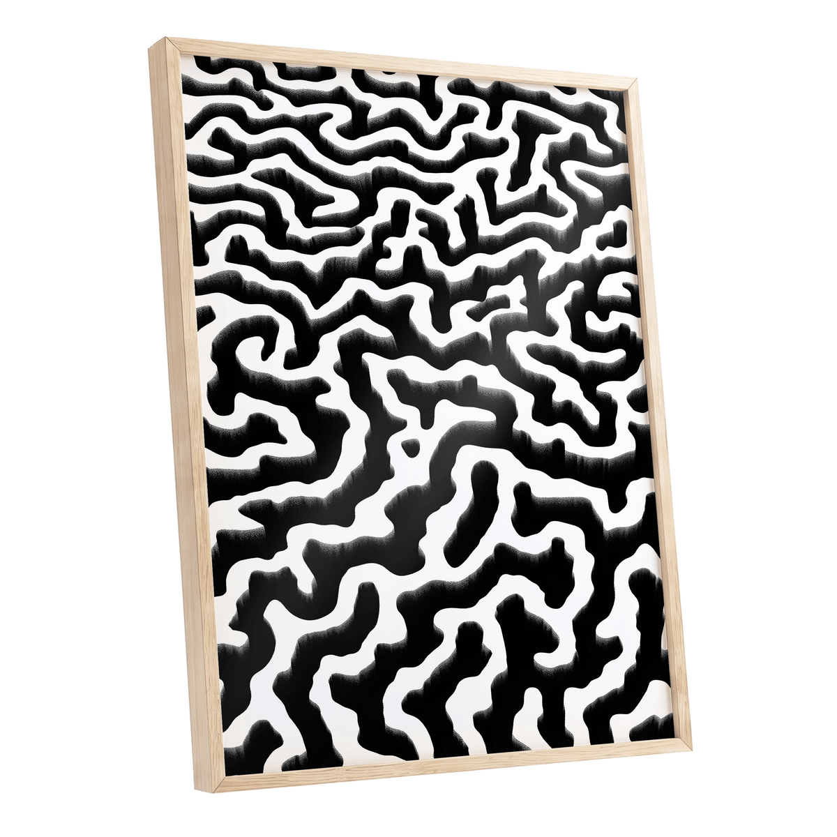 Inkflow Labyrinth, black, white abstract wall art shown as a oak framed poster wall art print