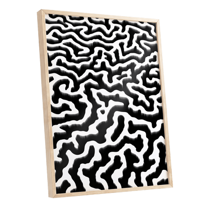 Inkflow Labyrinth, black, white abstract wall art shown as a oak framed poster wall art print