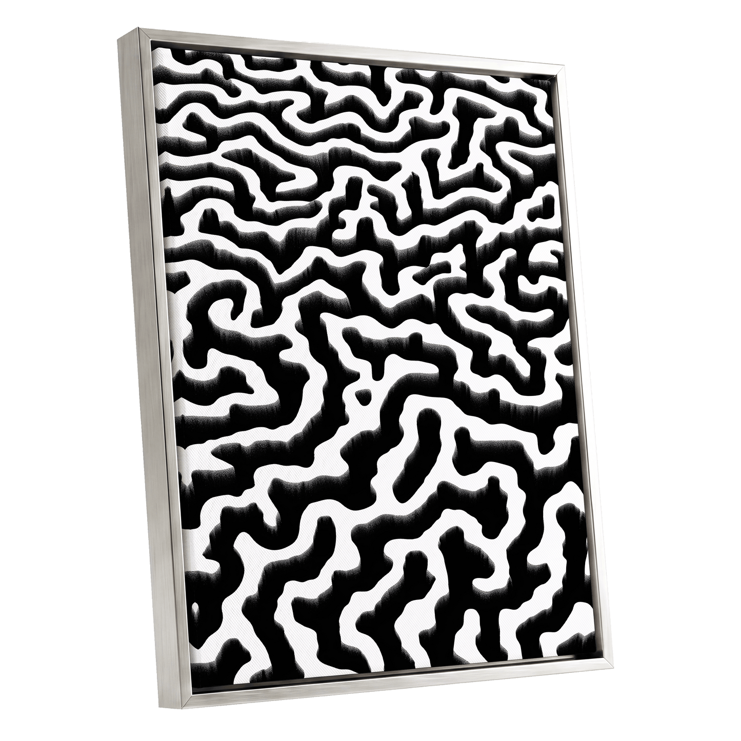 Inkflow Labyrinth, black, white abstract wall art shown as a silver framed canvas wall art