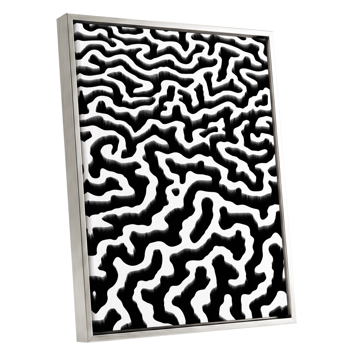 Inkflow Labyrinth, black, white abstract wall art shown as a silver framed canvas wall art