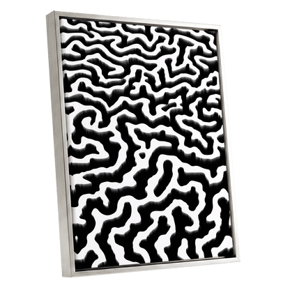 Inkflow Labyrinth, black, white abstract wall art shown as a silver framed canvas wall art