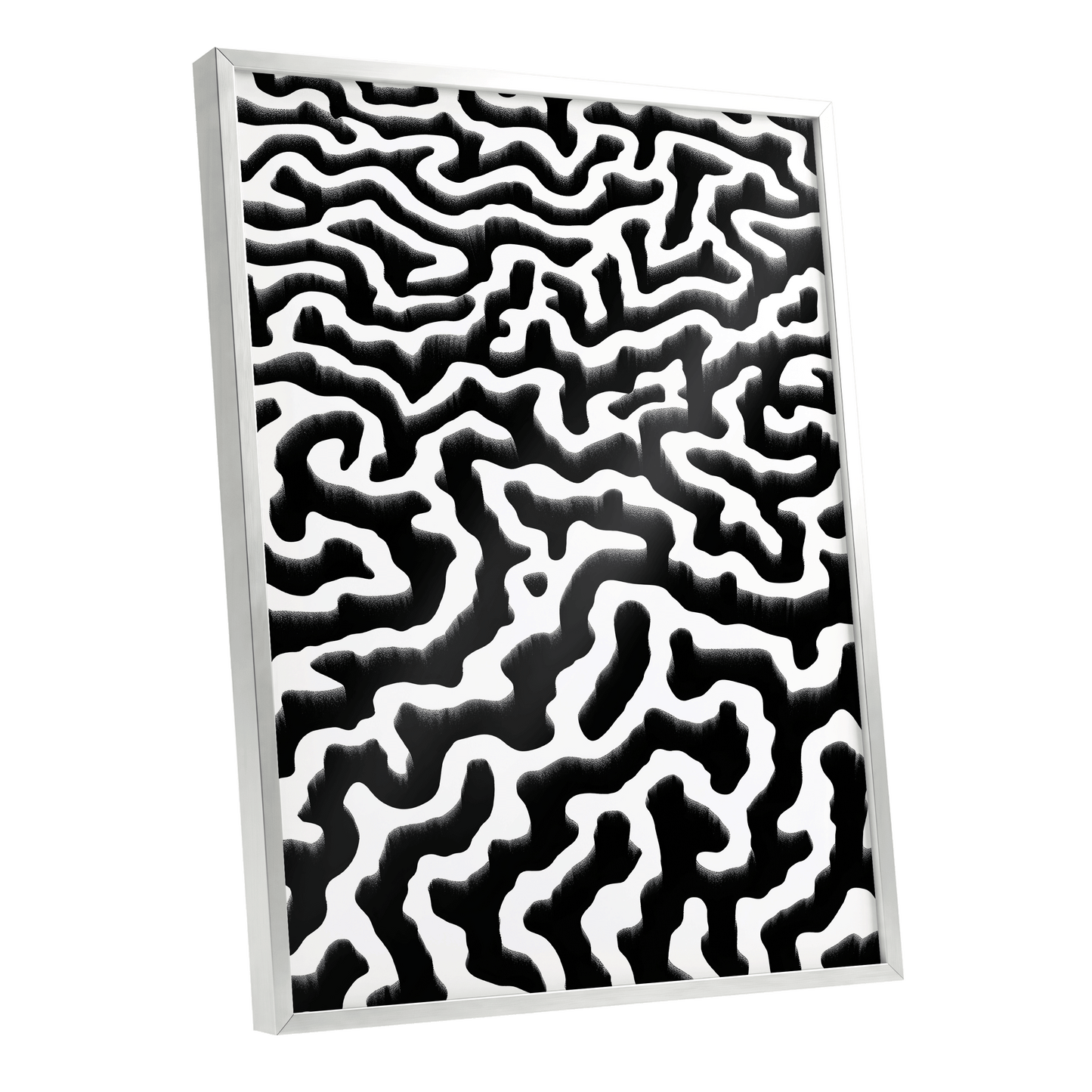 Inkflow Labyrinth, black, white abstract wall art shown as a silver framed poster wall art print