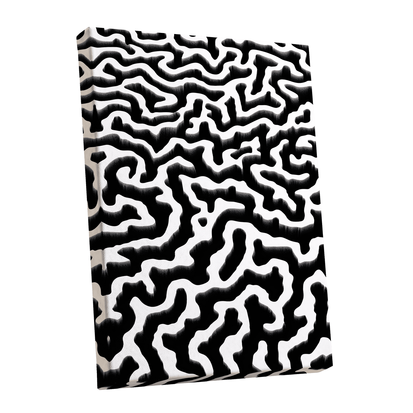 Inkflow Labyrinth, black, white abstract wall art shown as a stretched canvas wall art