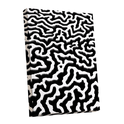 Inkflow Labyrinth, black, white abstract wall art shown as a stretched canvas wall art