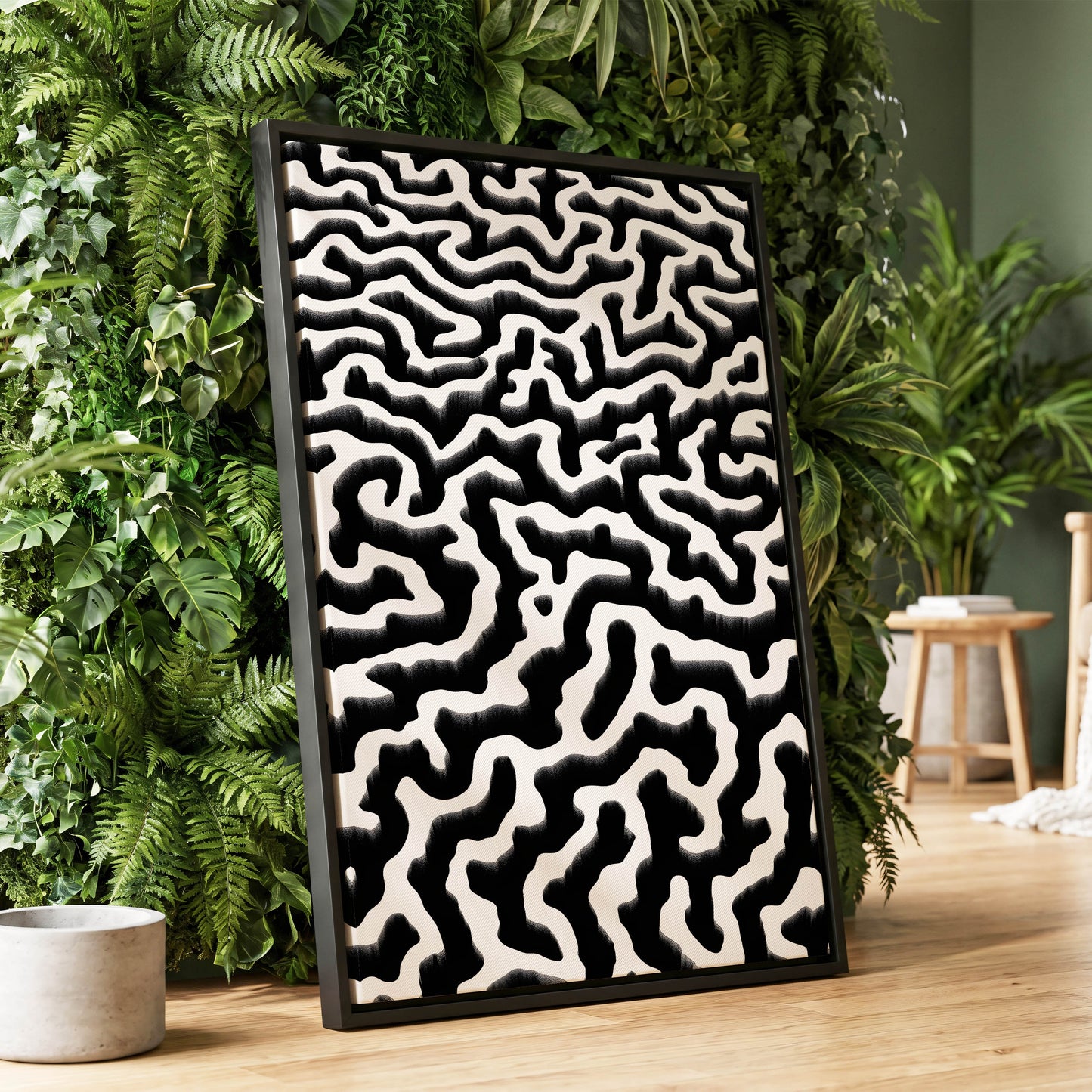 Inkflow Labyrinth, black, white abstract wall art displayed in a styled interior, gallery view 1