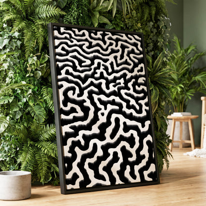 Inkflow Labyrinth, black, white abstract wall art displayed in a styled interior, gallery view 1