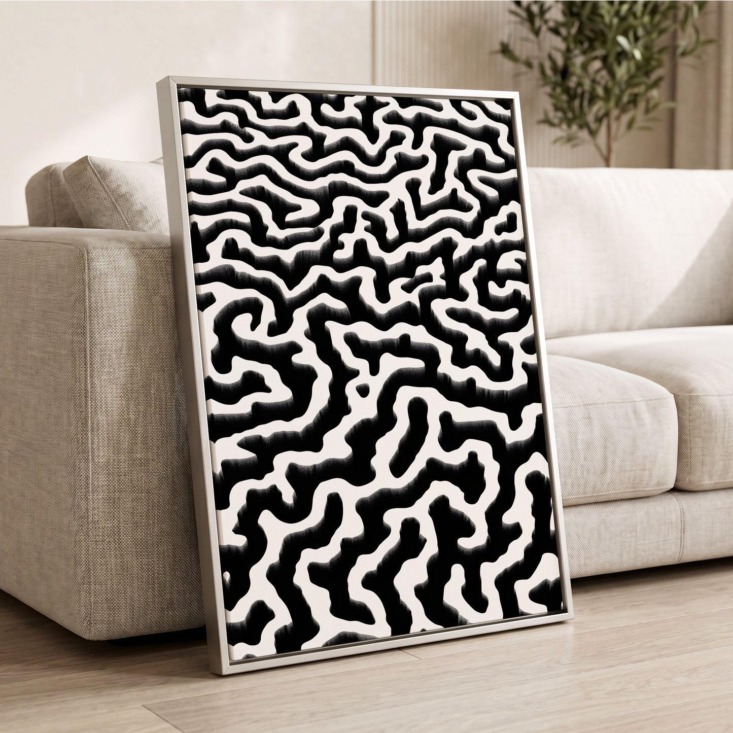 Inkflow Labyrinth, black, white abstract wall art displayed in a styled interior, gallery view 2