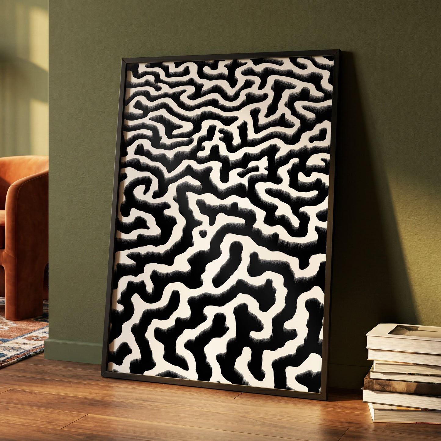 Inkflow Labyrinth, black, white abstract wall art displayed in a styled interior, gallery view 4