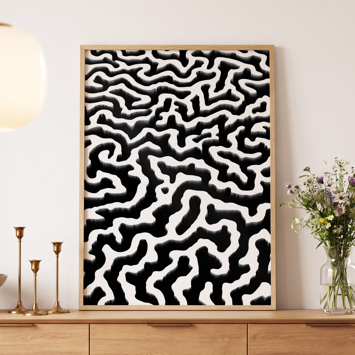 Inkflow Labyrinth, black, white abstract wall art displayed in a styled interior, gallery view 5
