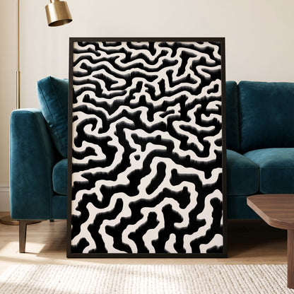 Inkflow Labyrinth, black, white abstract wall art displayed in a styled interior, gallery view 6