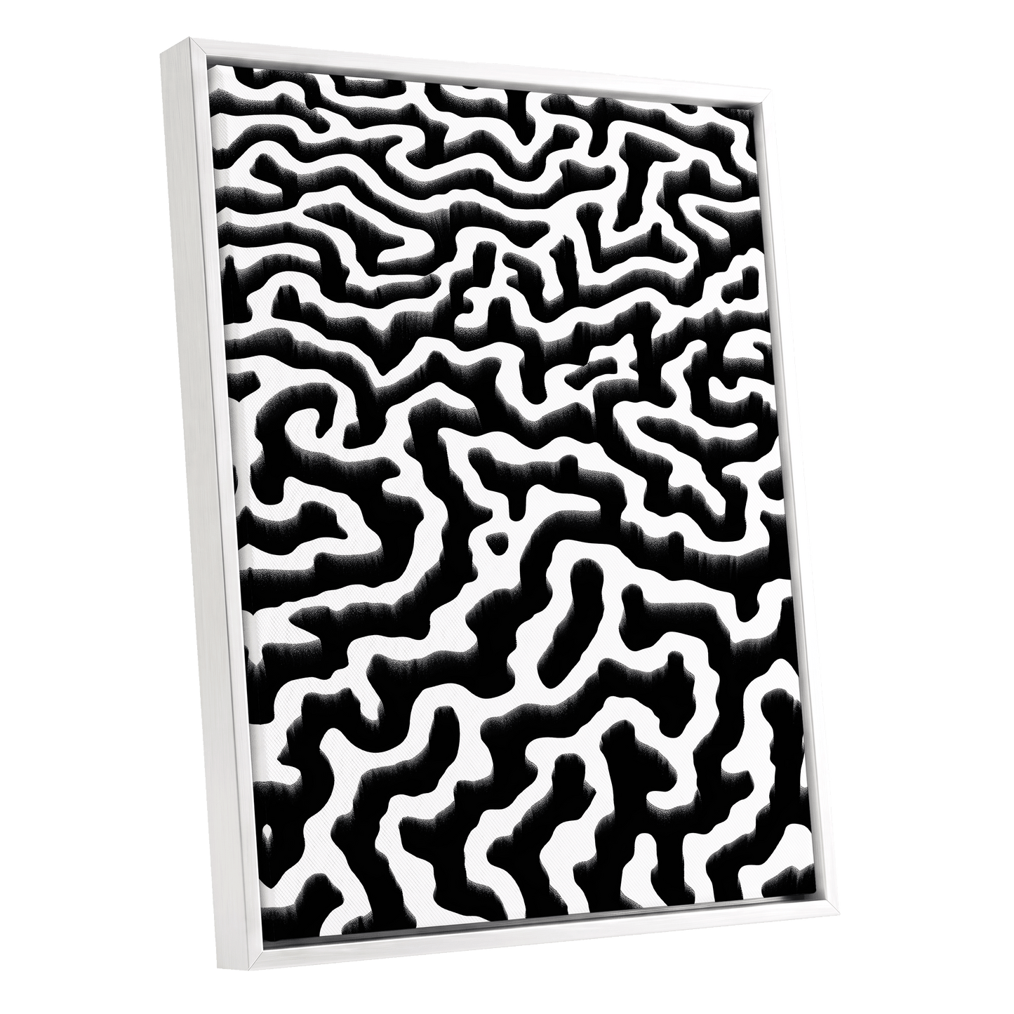 Inkflow Labyrinth, black, white abstract wall art shown as a white framed canvas wall art