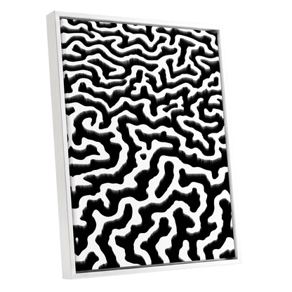 Inkflow Labyrinth, black, white abstract wall art shown as a white framed canvas wall art