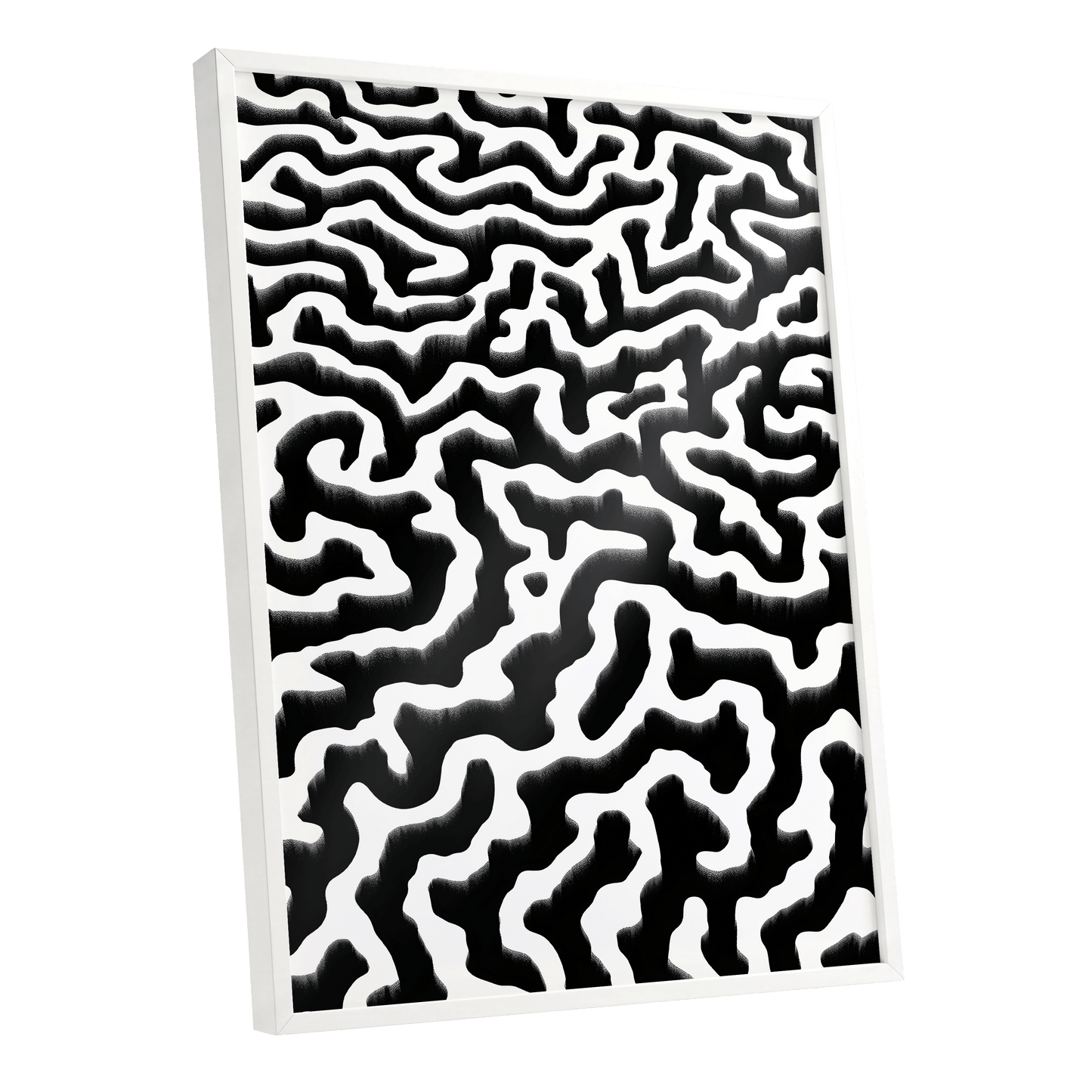 Inkflow Labyrinth, black, white abstract wall art shown as a white framed poster wall art print