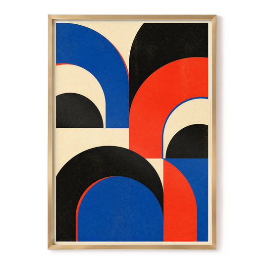 Interlocking Arches, beige, black, blue abstract wall art, front artwork view