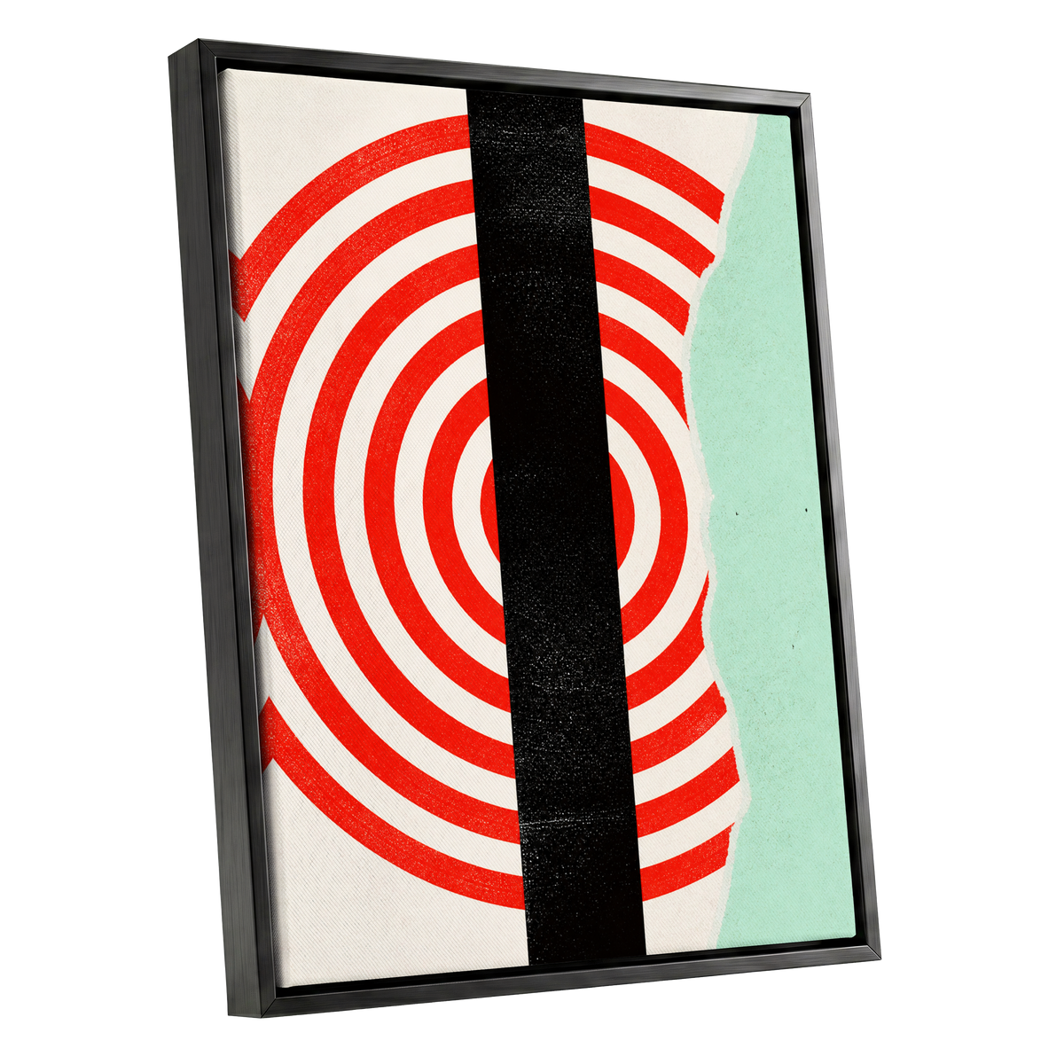 Interrupted Orbit, red, black, green minimalist wall art shown as a black framed canvas wall art