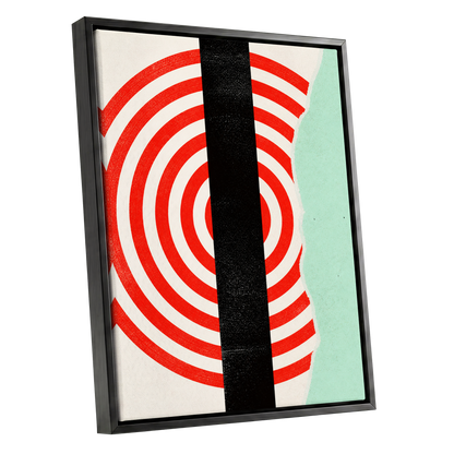 Interrupted Orbit, red, black, green minimalist wall art shown as a black framed canvas wall art