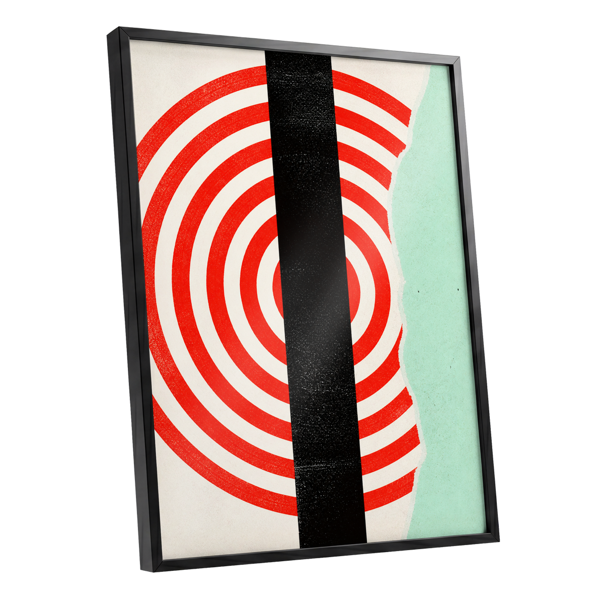 Interrupted Orbit, red, black, green minimalist wall art shown as a black framed poster wall art print